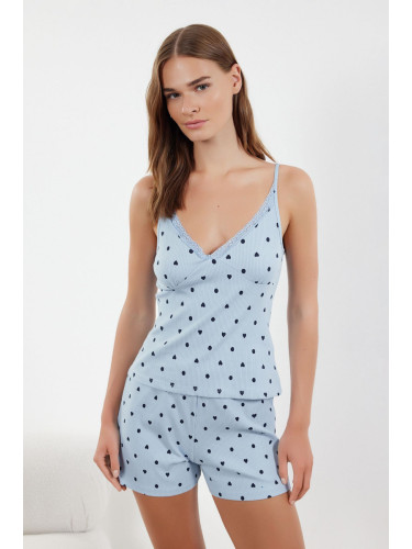 Trendyol Light Blue Cotton Heart Lace Detailed Rope Strap Ribbed Knitted Pajama Set