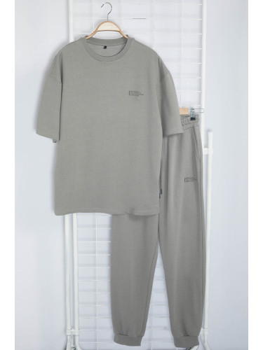 Trendyol Gray Oversize/Wide Cut Printed T-Shirt Tracksuit Bottom-Top Set