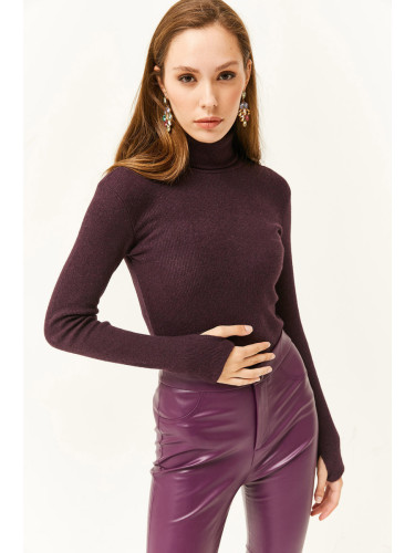 Olalook Women's Plum Turtleneck Finger Detailed Lycra Blouse