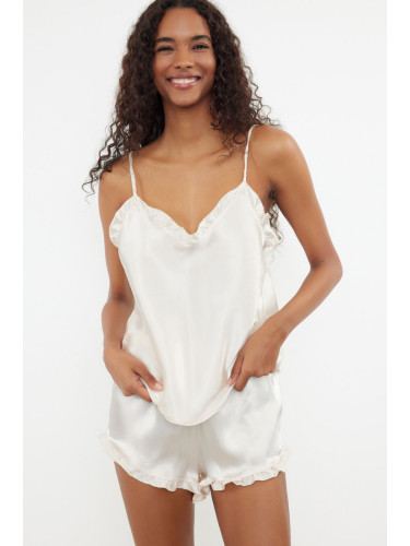 Trendyol Ecru Ruffled Rope Strap Satin Woven Pajama Set