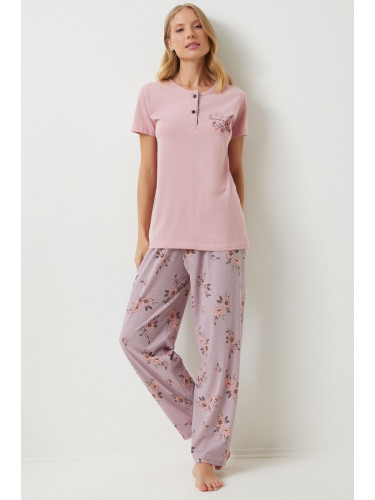 Happiness İstanbul Women's Pink Buttoned T-Shirt Floral Pants Knitted Pajama Set