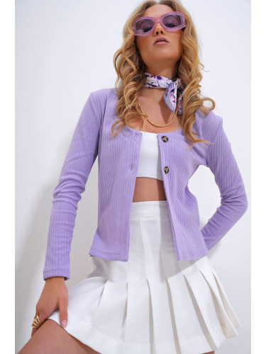 Trend Alaçatı Stili Women's Lilac V-Neck Buttoned Front Interlock Cardigan