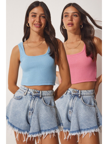 Happiness İstanbul Women's Sky Blue Pink Strappy Crop 2-Pack Knitted Blouse