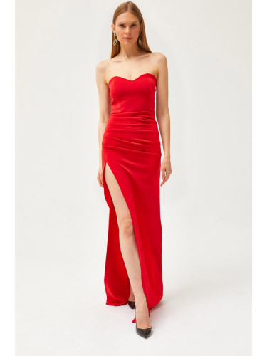 Olalook Women's Red Deep Slit Strapless Long Dress