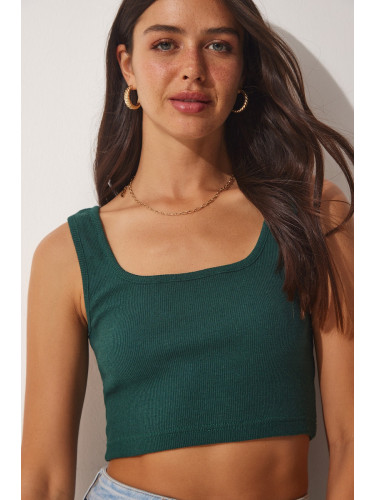 Happiness İstanbul Women's Emerald Green Strappy Corded Crop Knitted Blouse