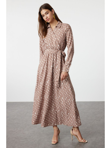 Trendyol Ecru Mono Patterned Belted Satin Woven Dress