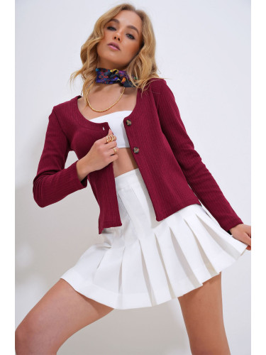 Trend Alaçatı Stili Women's Claret Red V-Neck Buttoned Front Interlock Cardigan