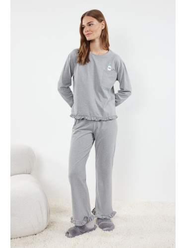 Trendyol Grey Melange Printed Pocket and Ruffle Detailed Knitted Pajama Set