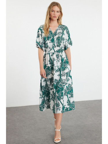 Trendyol Green Floral A-Line Double-Breasted Midi Woven Dress