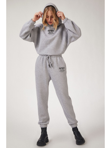 Happiness İstanbul Women's Gray Fleece Printed Tracksuit Set