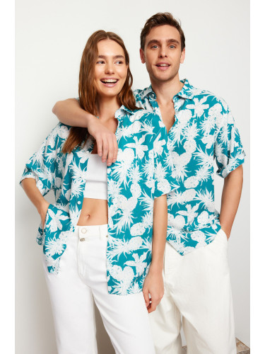 Trendyol Blue Unisex Oversize Fit Pineapple Printed 100% Viscose Short Sleeve Casual Summer Shirt