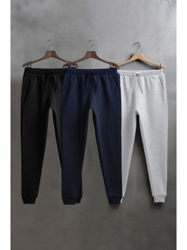 Trendyol Black-Navy Blue-Grey Melange Basic 3 Pack Sweatpants