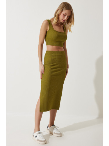 Happiness İstanbul Women's Oil Green Strappy Crop Pencil Skirt Knitted Set