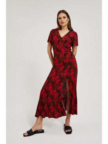 Women's dress with V-neck and tropical print MOODO - red