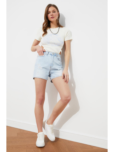 Trendyol Light Blue Ripped Detailed Denim Shorts