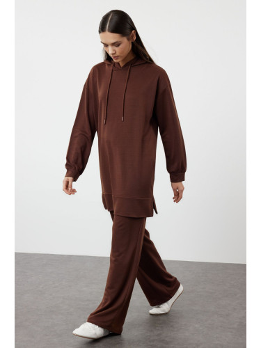 Trendyol Brown Oversize Basic Hooded Knitted Tracksuit Set