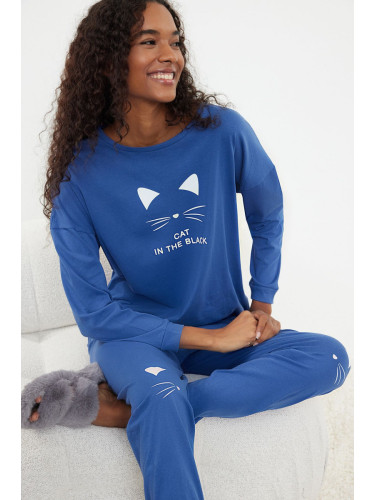 Trendyol Blue 100% Cotton Printed Knitted Pajamas Set