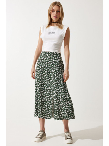 Happiness İstanbul Women's Khaki Black Floral Slit Summer Viscose Skirt