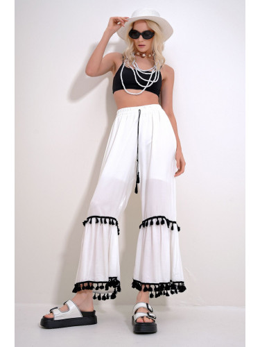 Trend Alaçatı Stili Women's White Elastic Waist Tassel Detailed Wide Leg Woven Viscose Trousers