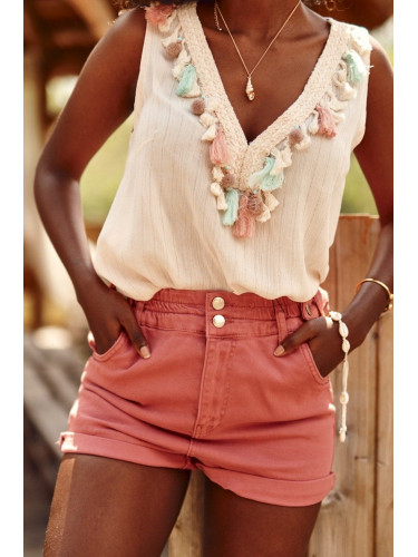 Short Denim Shorts with Elastic Waistband Indian Pink