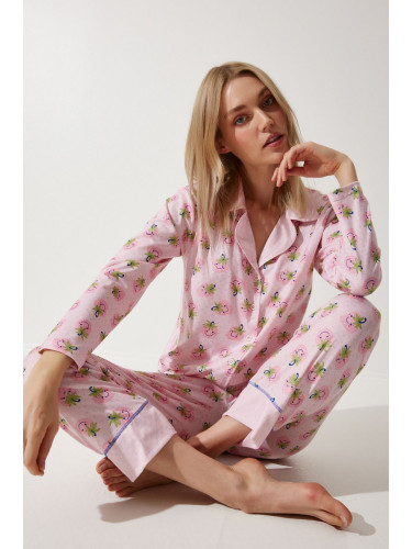 Happiness İstanbul Women's Pink Patterned Shirt-Pants Knitted Pajama Set