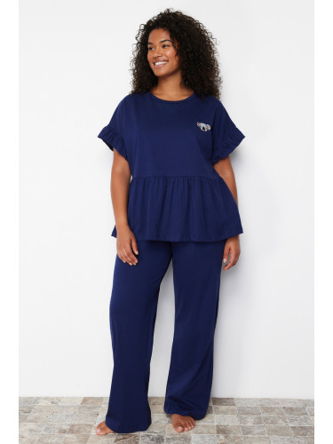 Trendyol Curve Navy Blue Knitted Pajamas with Embroidery and Ruffles