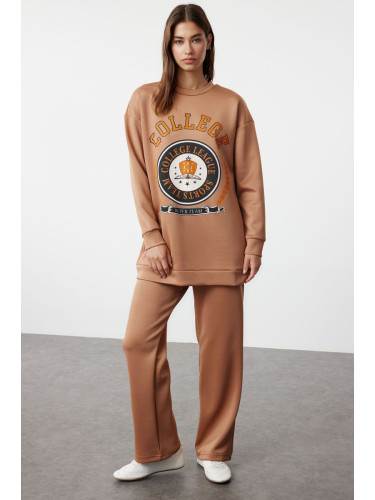 Trendyol Brown Printed Scuba Knitted Tracksuit Set