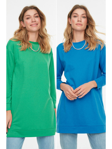 Trendyol Blue-Green 2-Pack Crew Neck Basic Knitted Sweatshirt