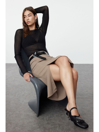 Trendyol Dark Beige Slit Detailed Ederli Fabric Midi Length Woven Skirt