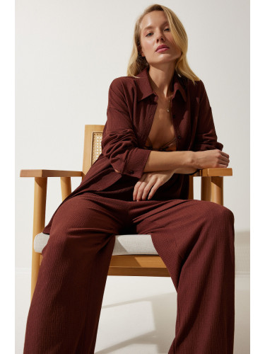 Happiness İstanbul Women's Brown Casual Knitted Shirt Pants Suit