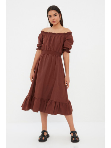 Trendyol Brown Waist Gimped Madonna Neck Midi Linen Look Woven Dress