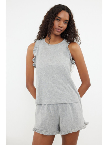 Trendyol Grey Melange 100% Cotton Ruffle Detailed Knitted Pajama Set