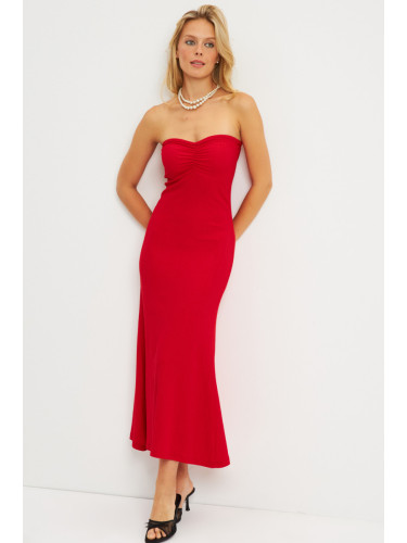 Cool & Sexy Women's Red Wrapped Strapless Midi Dress