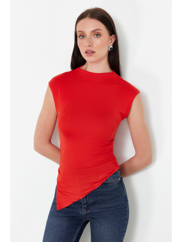 Trendyol Red High Neck Short Sleeve Gathered/Drape Detail Asymmetric Knitted Blouse