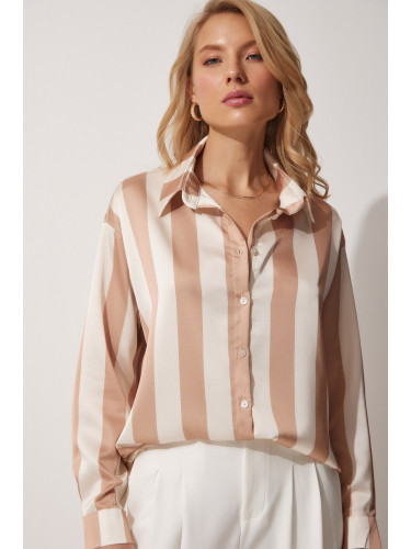 Happiness İstanbul Women's Cream Striped Satin Shirt