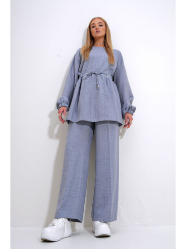 Trend Alaçatı Stili Women's Gray Crew Neck Self-Belt Palazzo Trousers Tunic Suit