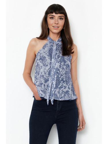 Trendyol Blue Animal/Snake Printed Special Textured Tie Detail Stretchy Knitted Blouse