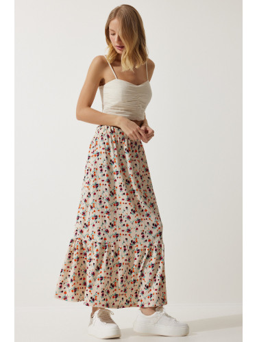 Happiness İstanbul Women's Cream Floral Flounce Viscose Skirt