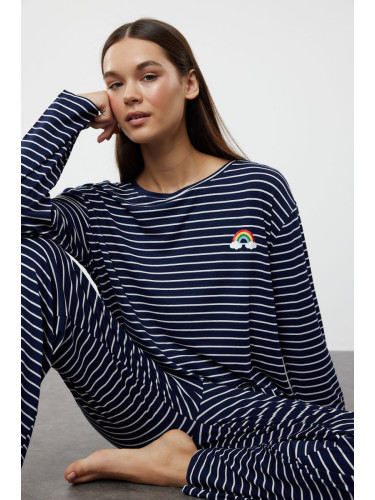 Trendyol Navy Blue Striped Rainbow Printed Viscose Knitted Pajama Set