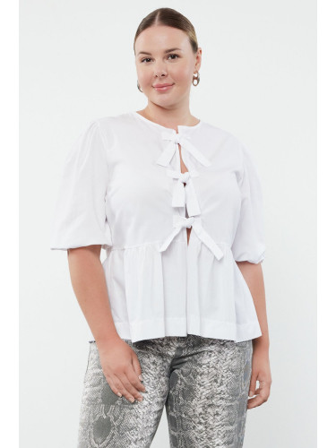 Trendyol Curve White Women's Bow/Lace Woven Plus Size Blouse