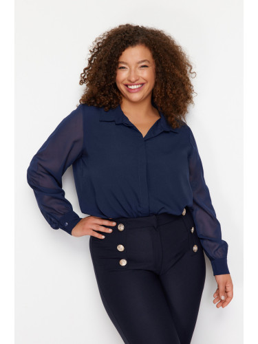 Trendyol Curve Navy Blue Long Sleeve Buttoned Chiffon Woven Plus Size Shirt