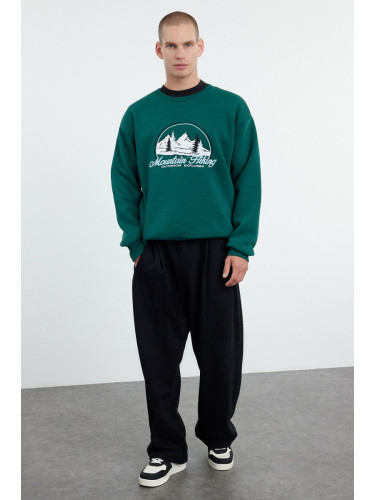 Trendyol Emerald Green Oversize/Wide Cut Embroidered Fleece/Warm Sweatshirt