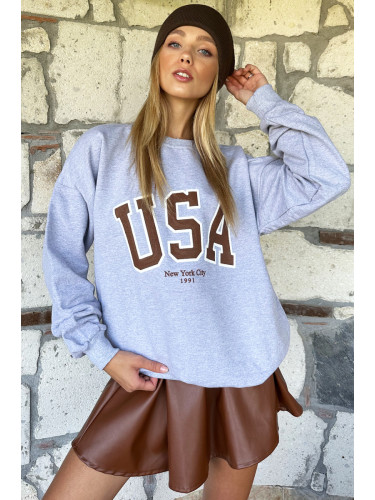Trend Alaçatı Stili Women's Grey-Brown Crew Neck Raised Printed Oversize Sweatshirt