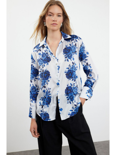 Trendyol Navy Blue Woven Satin Rose Patterned Oversize Wide Fit Shirt