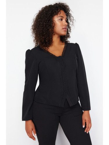Trendyol Curve Black Lace V-Neck Buttoned Plus Size Woven Blouse