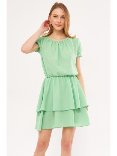 armonika Women's Light Green Endeka Dress Collar Gathered Sleeve and Elastic Waist Skirt Layered