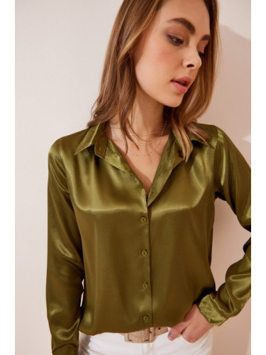 Happiness İstanbul Women's Green Lightly Draped Satin Surface Shirt