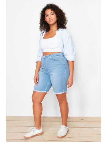 Trendyol Curve Blue Leg Tassel Detailed Stretchy Skinny Denim Shorts
