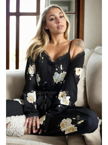 22168 Dewberry Womens Pyjama Set with Dressing Gown-BLACK-CREAM