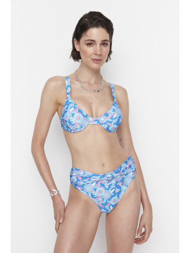 Trendyol Blue Floral Pattern High Waist Bikini Bottom